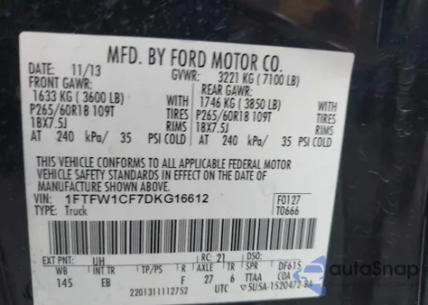 2013 Ford F-150 Lariat z USA, uszkodzony, nr VIN 1FTFW1CF7DKG16612